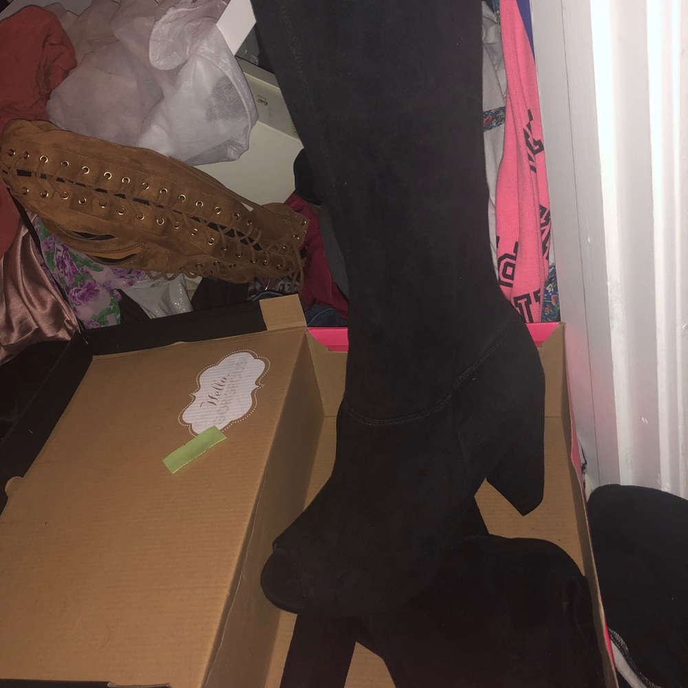 Suede open toe knee high boots